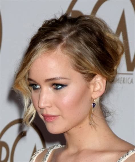 Jennifer Lawrence Medium Wavy Casual Updo Hairstyle Light Caramel