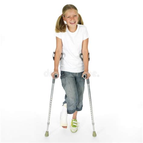 Girl With A Broken Leg Walking On Crutches White Background