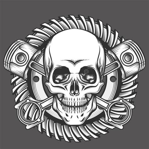 Skull With Pistons Against Motorcycle Gear Emblem Stock