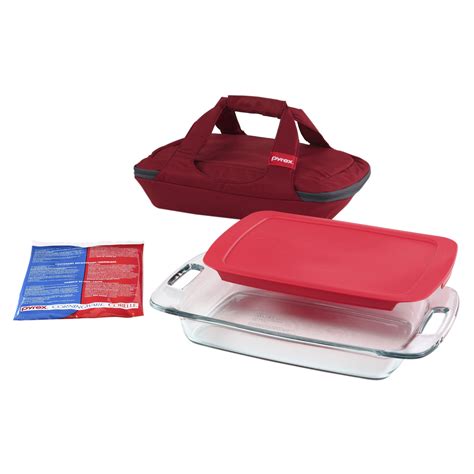 Pyrex Portable 4 Piece Set With 3 Quart Oblong Baking Dish Red Cover