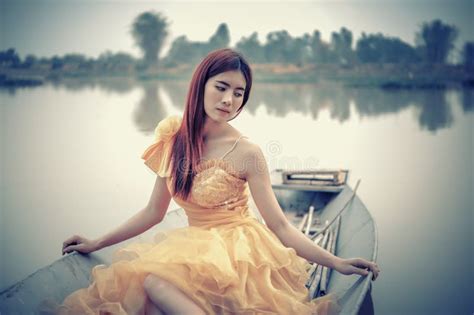 Asia Beautiful Woman Yellow Dress Sit Boat Stock Photos Free