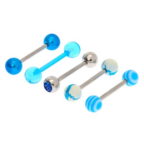 Silver 14g Marble Swirl Tongue Rings Blue 5 Pack Tongue Piercing