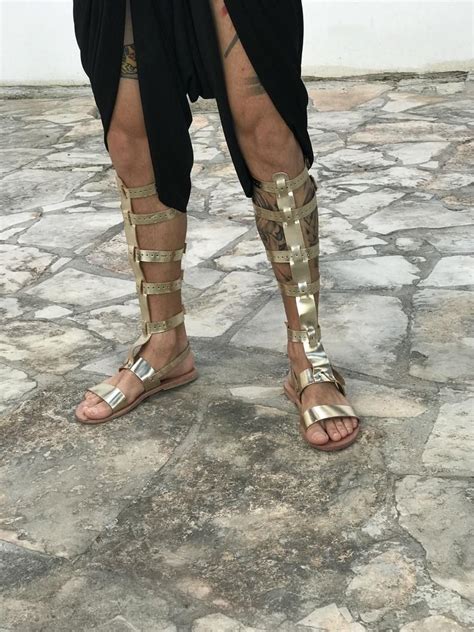 Gladiator Sandals For Men Gold Knee Length Tall Gladiator Leather Sandals Greek Roman