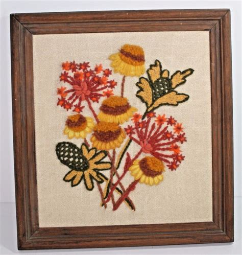 Vintage Crewel Embroidery Needlepoint Completed Finished Framed 70s