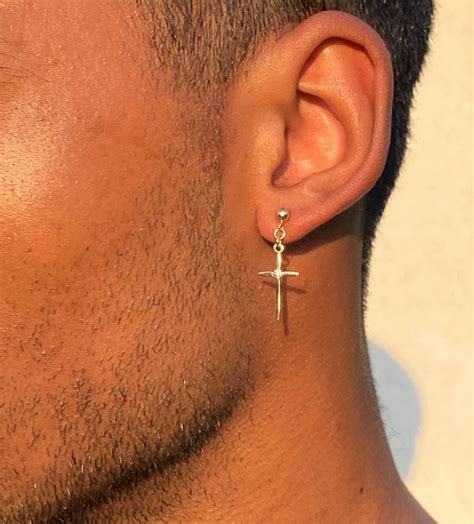 Dangle Cross Earrings With Ball Post And Genuine Diamonds In Solid 14k Gold Unisex Earrings