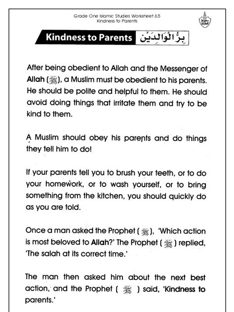 Grade 1 Islamic Studies Worksheet 65 Kindness To Parents