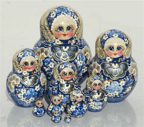 Blue Winter Style Matryoshka Russian Nesting Dolls Wooden Childrens