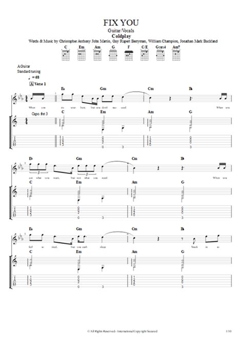 Fix You Tab By Coldplay Guitar Pro Guitarvocals Mysongbook