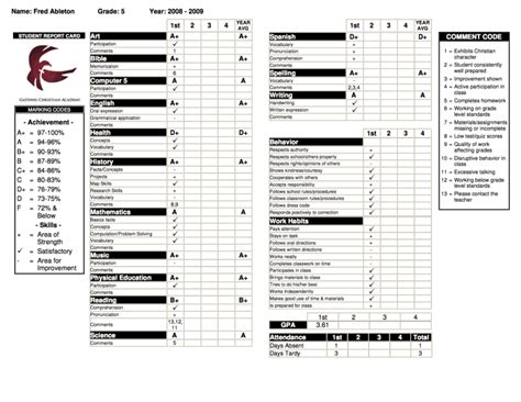 Character Report Card Template