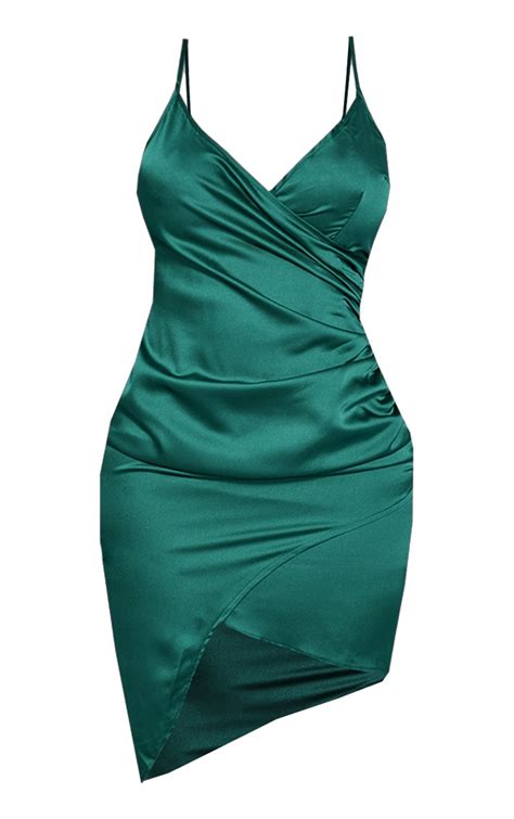 Shape Emerald Green Satin Wrap Dress Curve Prettylittlething