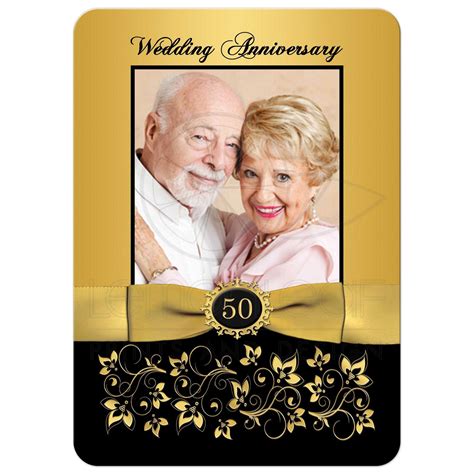 50th Wedding Anniversary Invitation Black And Gold Floral Printed