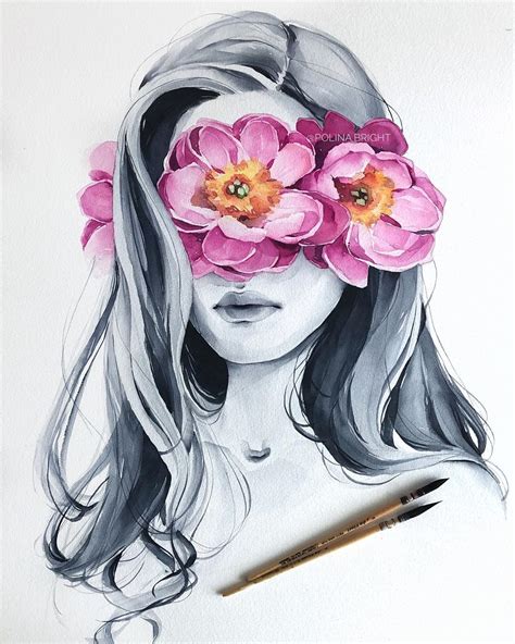 Watercolor Painting Flower Woman By Polina Bright