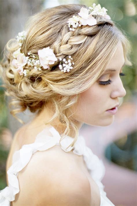 Braided Crown Hairstyle For Wedding Day With Flowers And