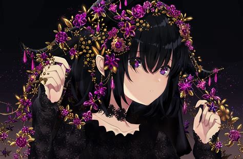 Download 600x800 Anime Girl Black Hair Choker Purple Eyes Wallpapers