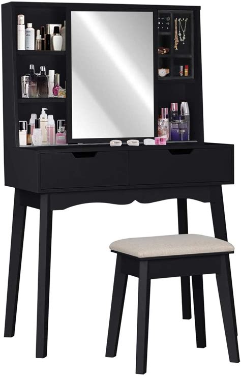 Modern Vanity Table Set With Mirror And Makeup Stool For Bedroom Black