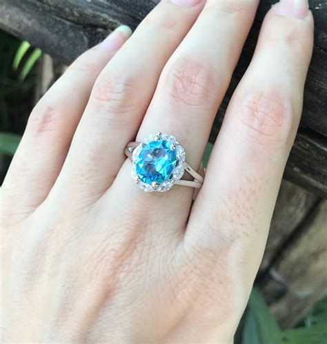 Swiss Blue Topaz Halo Solitaire Ring Oval Blue Topaz Etsy