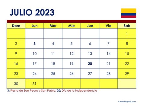 Calendario Julio 2023 Con Festivos Para Imprimircolombia