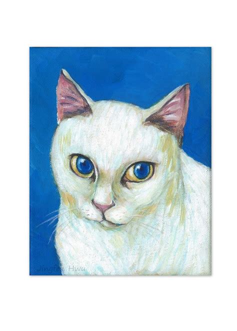 Art Print Of Cat Painting A White Cat With Blue Etsy
