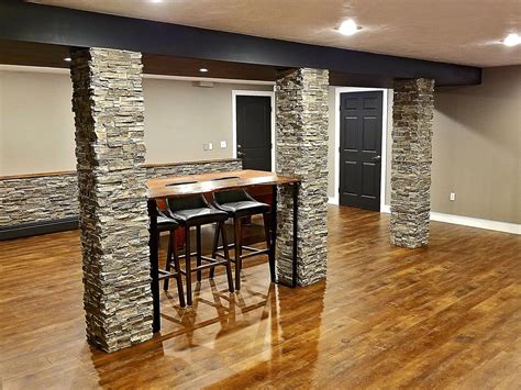 Basement Supports Covered With Norwich Stacked Stone Tall Columns In