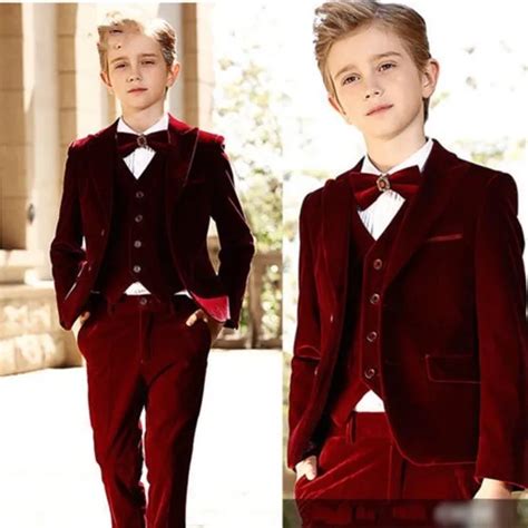 Burgundy Velvet Boys Wedding Suits Kids Formal Wear Party Prom Best Man