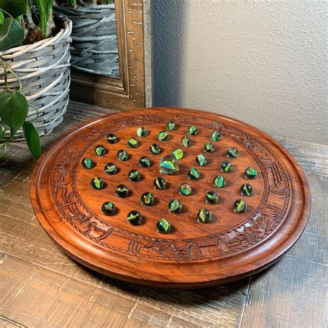 Intricately Carved Solid Wood Marble Solitaire Game Art Green Cats