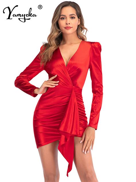 Sexy Red Satin Puff Long Sleeve Bodycon Dress Women Summer Elegant Silk Autumn Club Party Dress