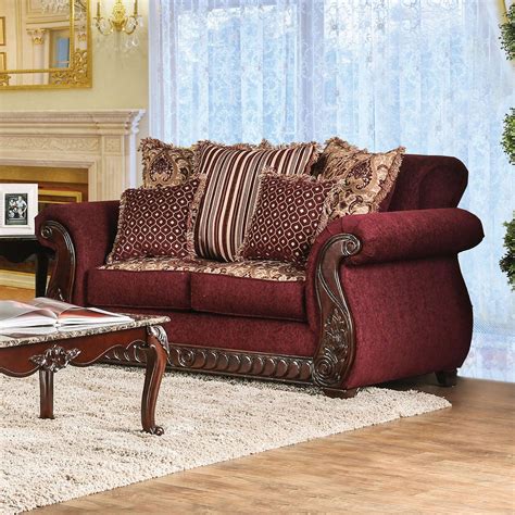 Traditional Wine And Gold Fabric Sofa And Loveseat Furniture Of America