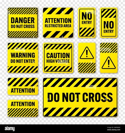 Various Black And Yellow Warning Signs With Diagonal Lines Attention