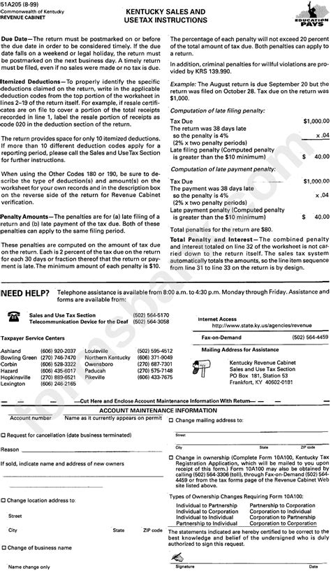 Form 51a205 Kentucky Sales And Use Tax Instructions Printable Pdf