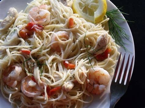 Angel hair with shrimp, tomatoes and feta. shrimp and chicken angel hair pasta