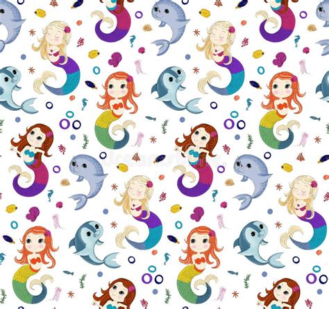 Digital Pattern For Children Colorful Mermaids Illustration On The