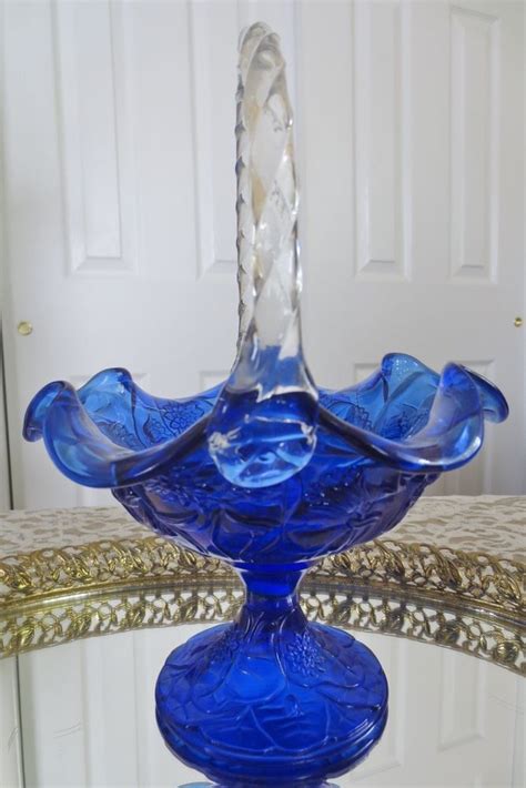 Fenton Art Glass Cobalt Blue 8433 Water Lily 9 Inch Footed Basket Blue Glassware Fenton