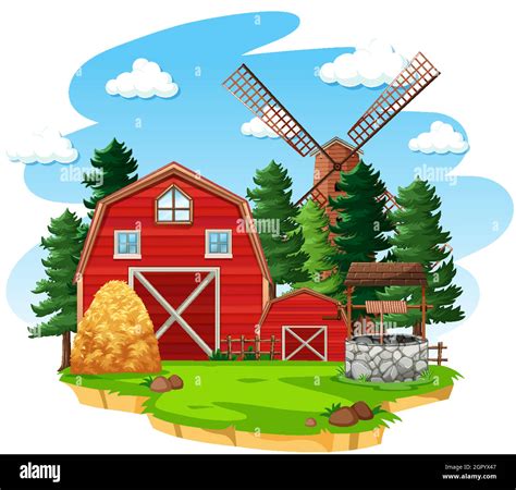 Farm With Red Barn And Windmill On White Background Stock Vector Image