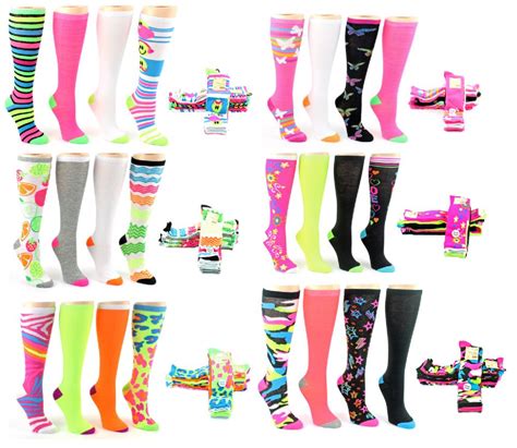 24 Units Of Womens Knee High Novelty Socks Assorted Neon Prints Size 9 11 4 Pair Packs
