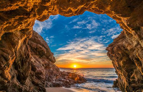 Download Sunset Ocean Nature Cave Hd Wallpaper