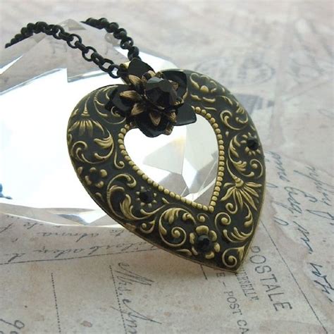 Necklace Vintage Brass Heart Black Resin Crystal Necklace Vintage Necklace Necklace Etsy