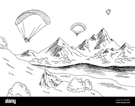 Paraglide Fly Mountain River Graphic Black White Landscape Sketch