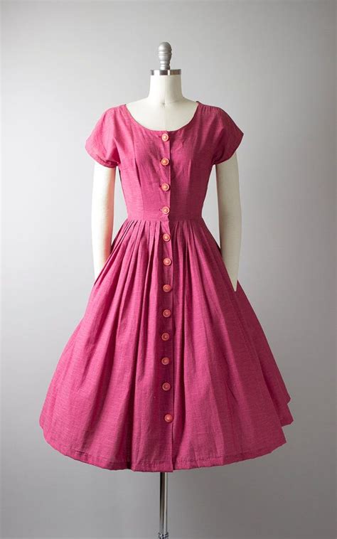 Vintage 1950s Dress 50s Pink Cotton Shirtwaist Dress Pleated Full