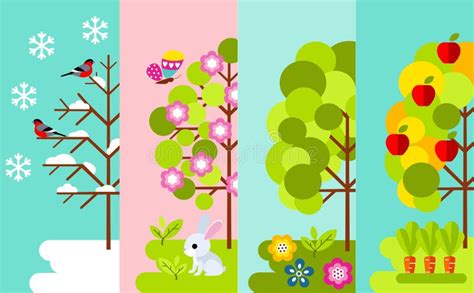Baum In Vier Jahreszeiten Frühling Sommer Herbst Winter Vektor Abbildung Illustration Von