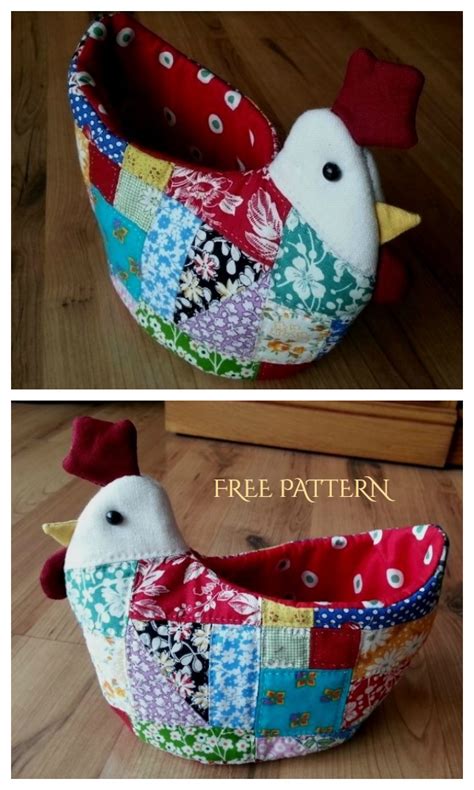 Two Pictures Of A Chicken Made Out Of Patchwork Material One Is Red
