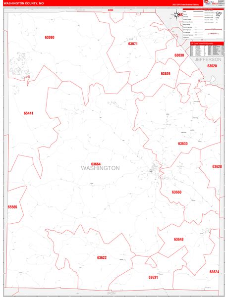 Washington County Mo Zip Code Wall Map Red Line Style By Marketmaps