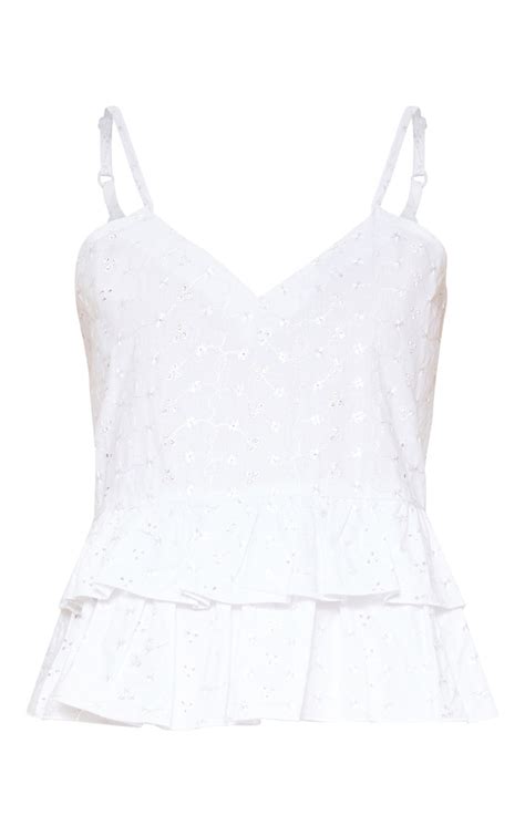 White Broderie Anglaise V Neck Peplum Cami Prettylittlething Ie