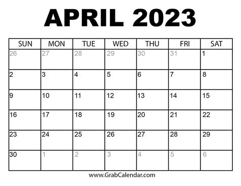 April 2023 Calendar Fillable