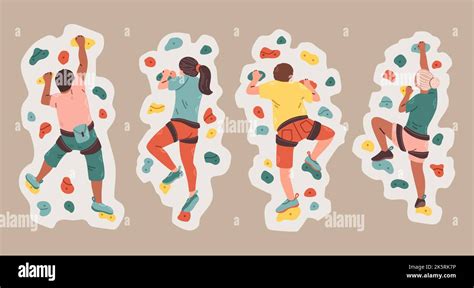 Set Of Men And Women Climbers On A Wall In A Climbing Gym Isolated On