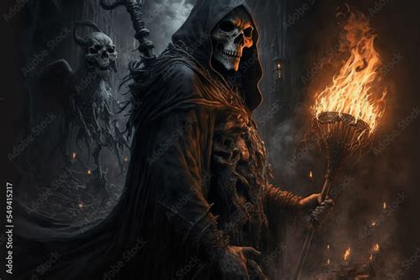 Grim Reaper With Haunted Creepy Graveyarddigital Art Illustration