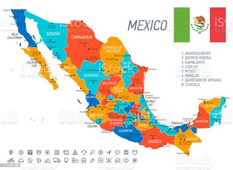 Mexico Map Vector Map With States Icons And Navigation Icons Stock