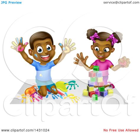 Clipart Of A Cartoon Happy Black Boy And Girl Kneeling And Finger