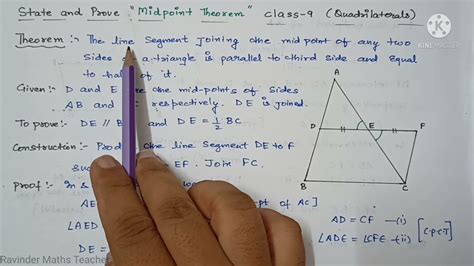 State And Prove The Midpoint Theorem Class 9 Quadrilaterals Youtube
