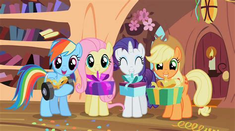 Image Rainbow Dash Fluttershy Rarity And Applejack Give Presents To