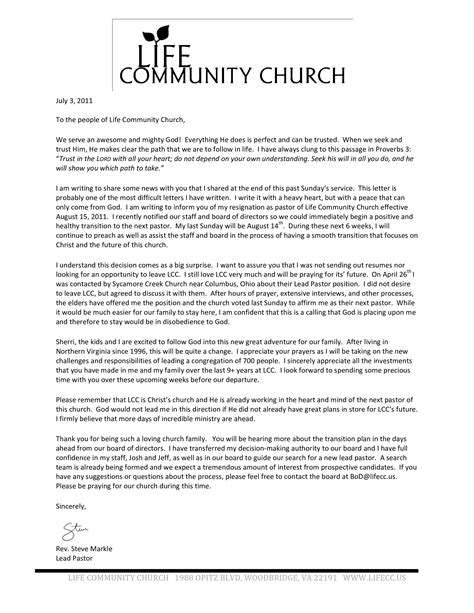 Kostenloses Resignation Letter Church Staff